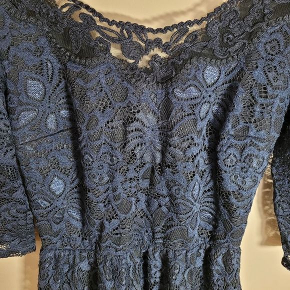 Navy Blue Dress with Elastic Waist 3/4 Sleeves and Lace Overlay - Picture 15 of 16